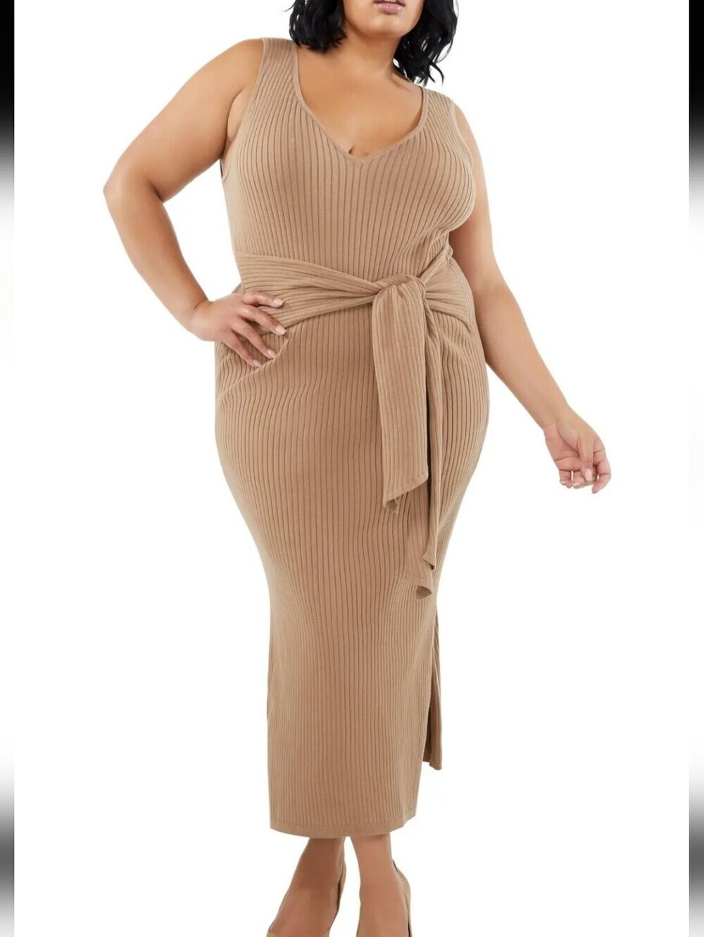 Good American Plus Size Rib Knit Bodycon Tie Waist Midi Dress Size 5 (XXL)